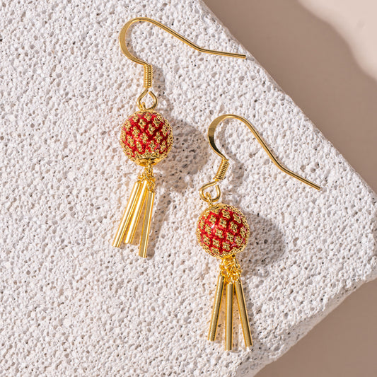 Red & Gold Tassel Sphere Earrings